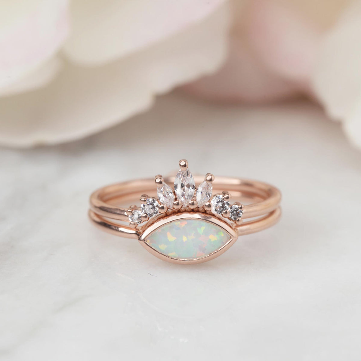 Rose Gold Opal & Diamond Whimsical Fleur Stacking Set
