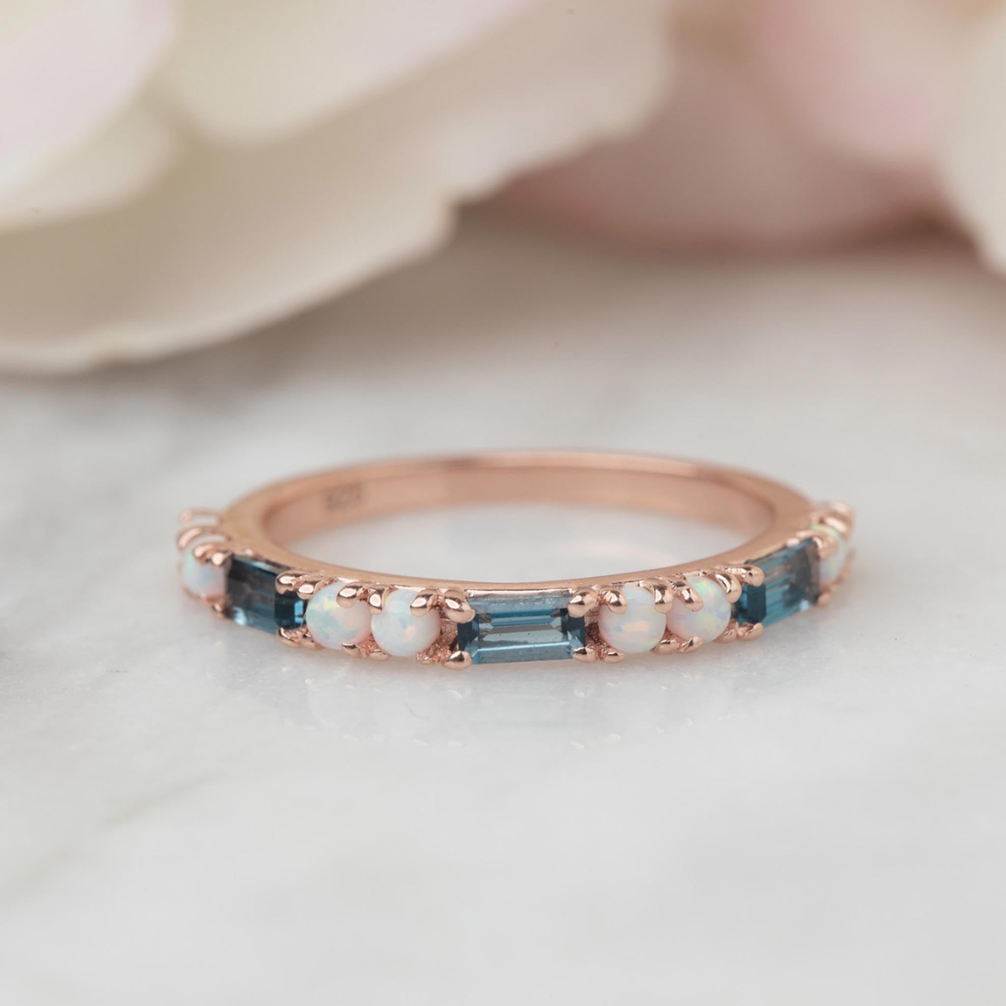Rose Gold London Blue Topaz Opal Midnight Crossing Band