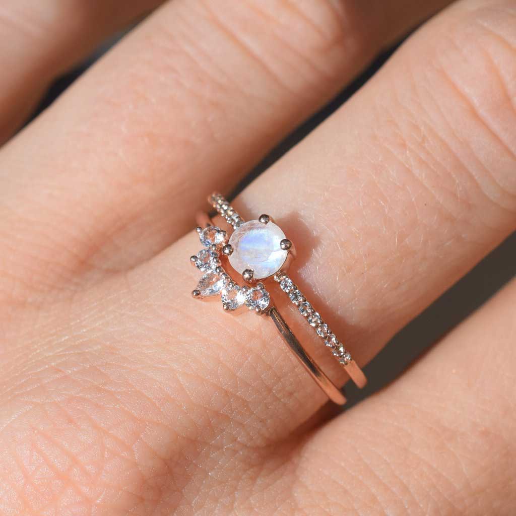 Elegant Moonstone Ring Set | Rose Gold Vermeil with White Topaz Accents |  Gray and Rose
