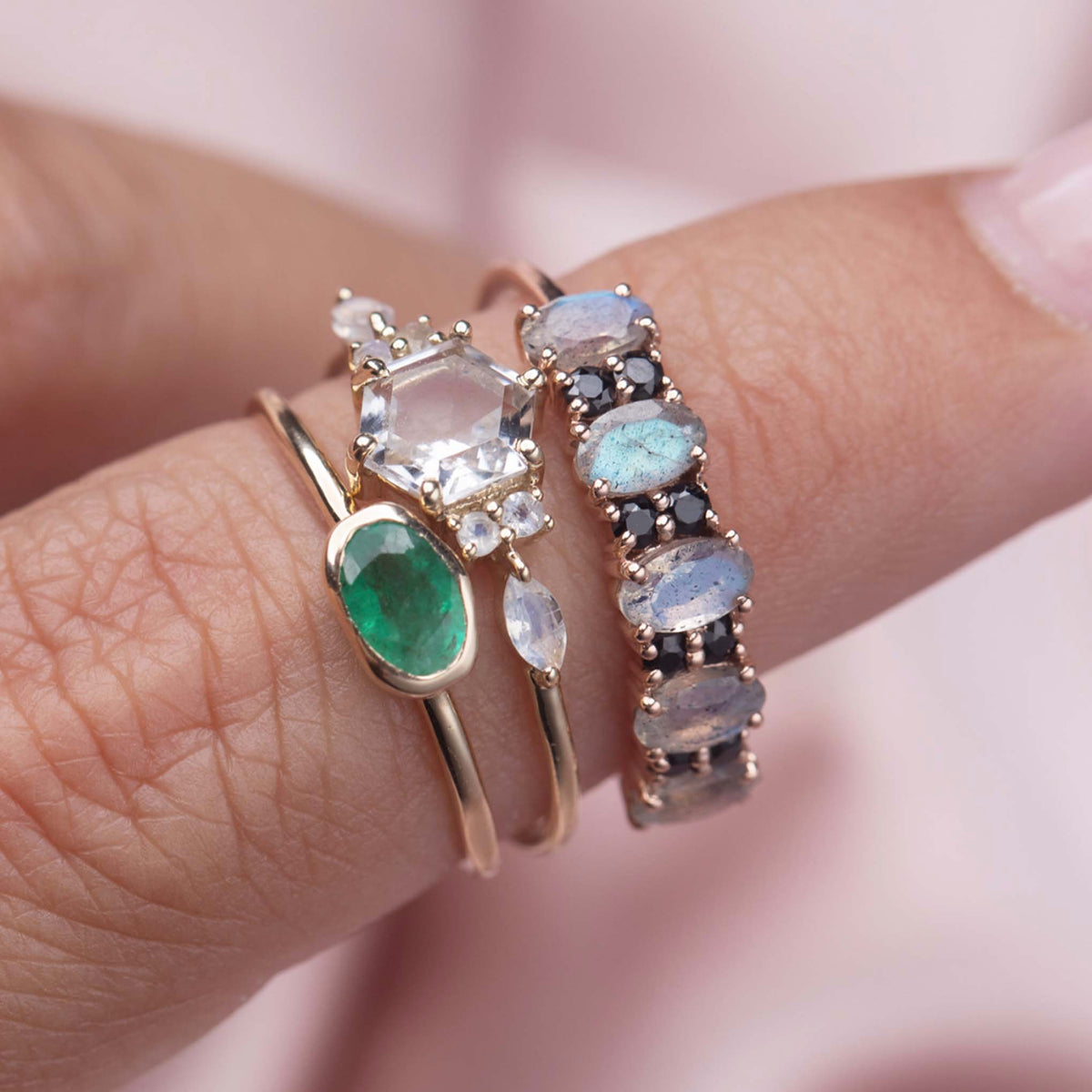 Solid Rose Gold Labradorite & Black Spinel Elysian Ring