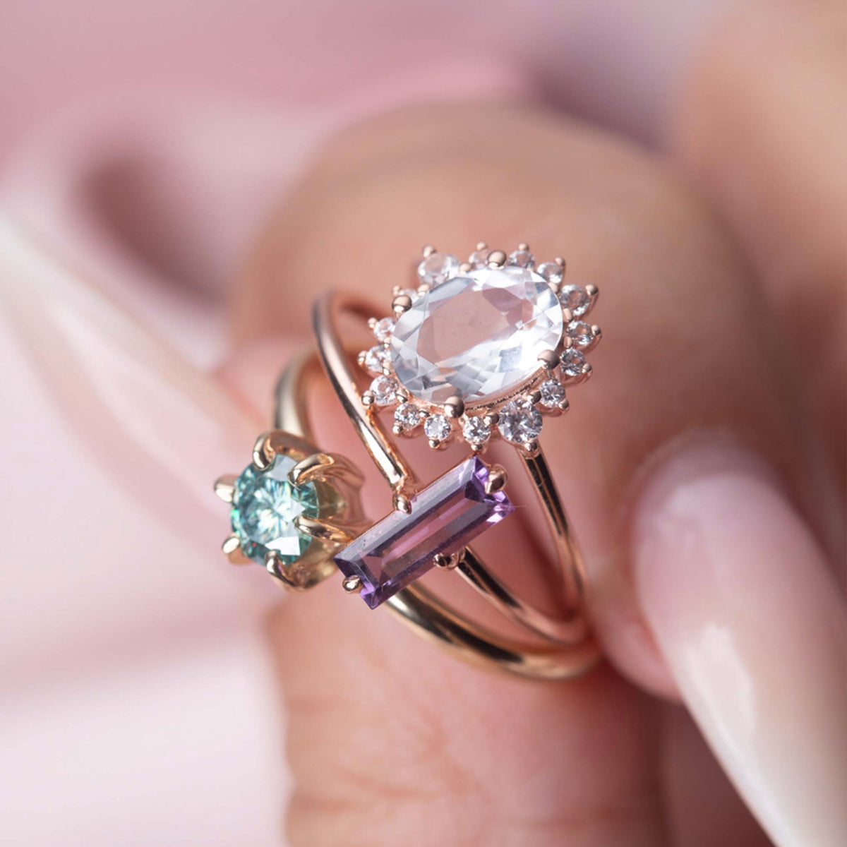 Solid Gold Teal Moissanite Oceanic Ring