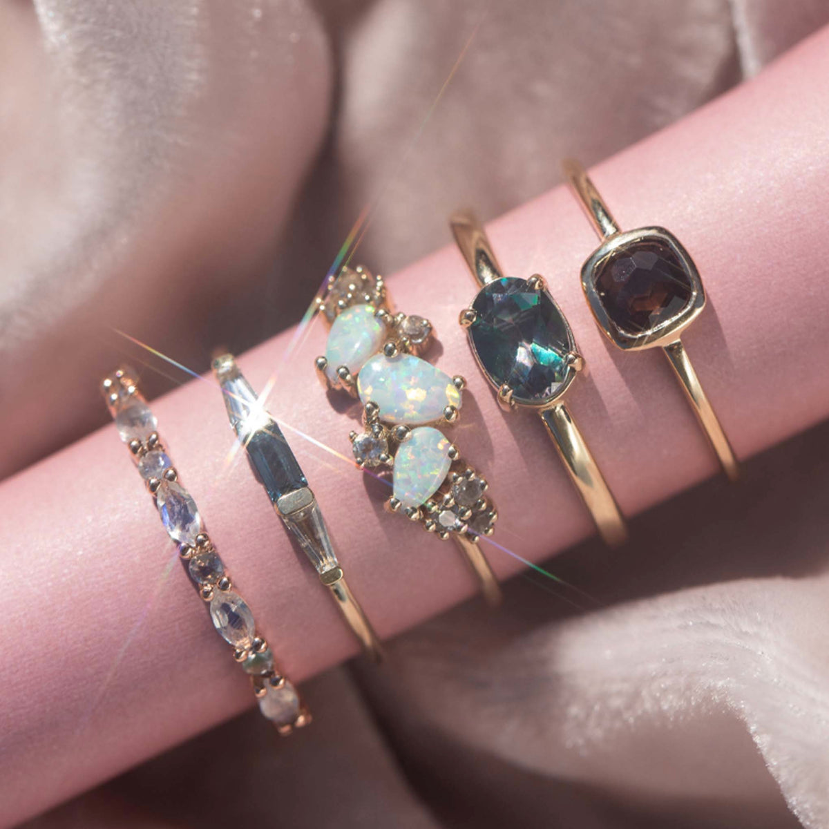 Solid Rose Gold Rainbow Moonstone Eternity Marquise Band
