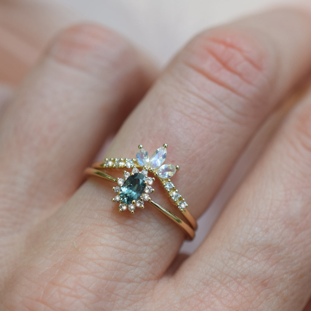 Solid 14kt Gold Teal Sapphire and Diamond Fleurette Ring