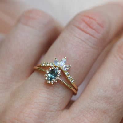 Solid 14kt Gold Teal Sapphire and Diamond Fleurette Ring