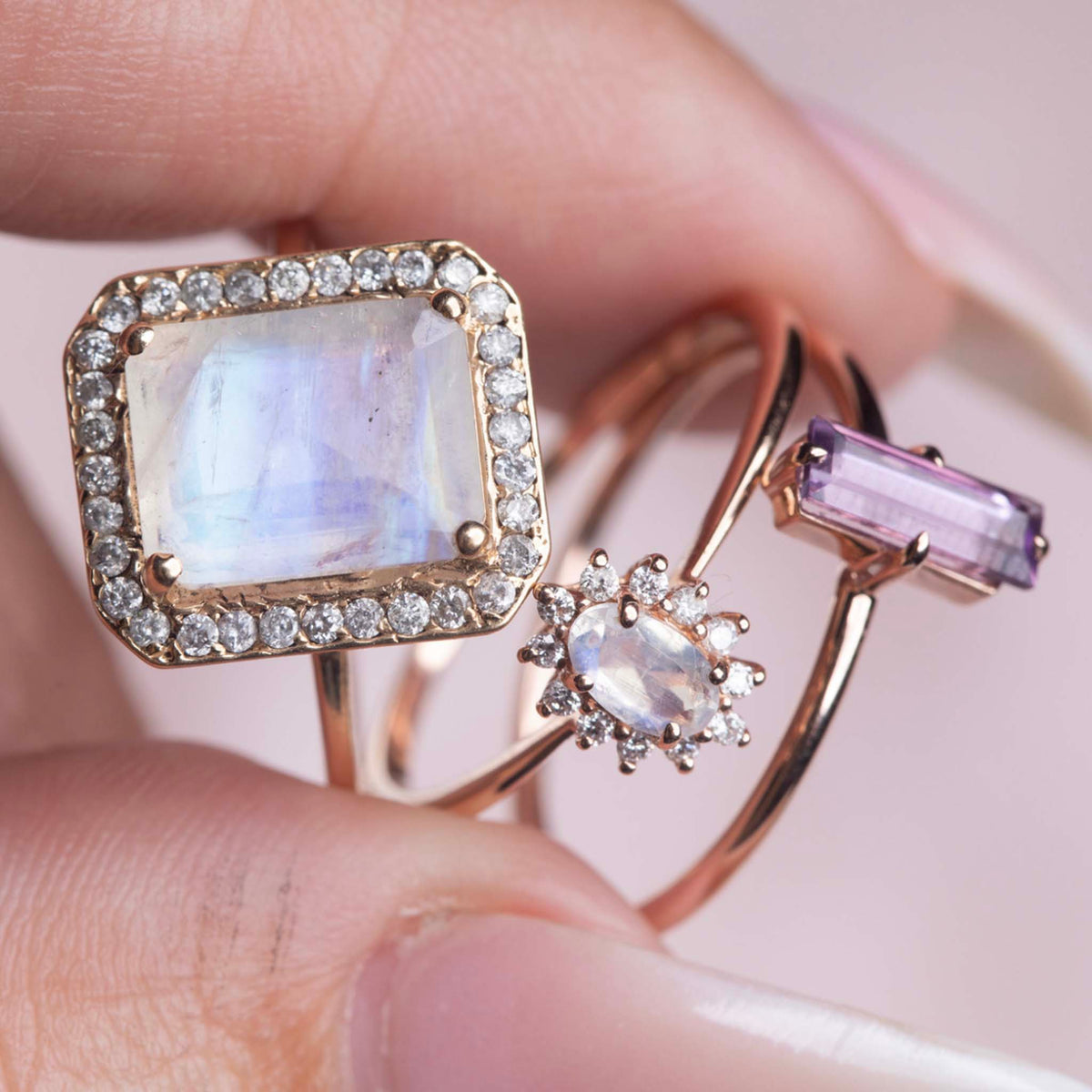 14kt Rose Gold Moonstone & Diamond Fleurette Ring