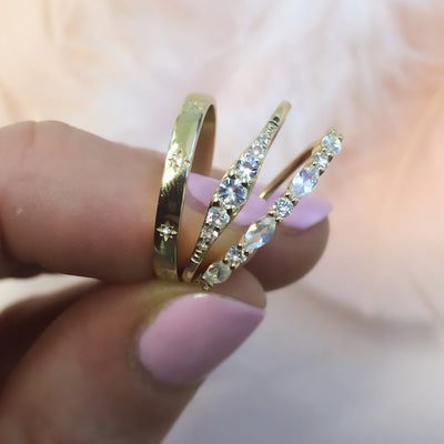 Solid Gold Rainbow Moonstone and Diamond Eternity Marquise Band
