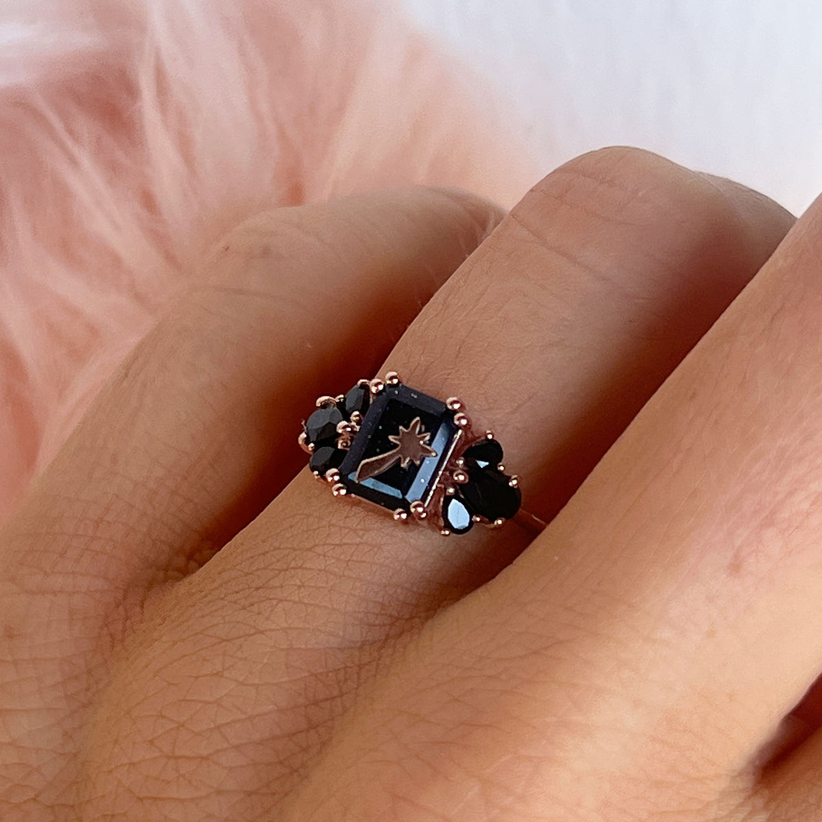 Rose Gold Sunstone & Black Onyx Wish Upon A Shooting Star Ring