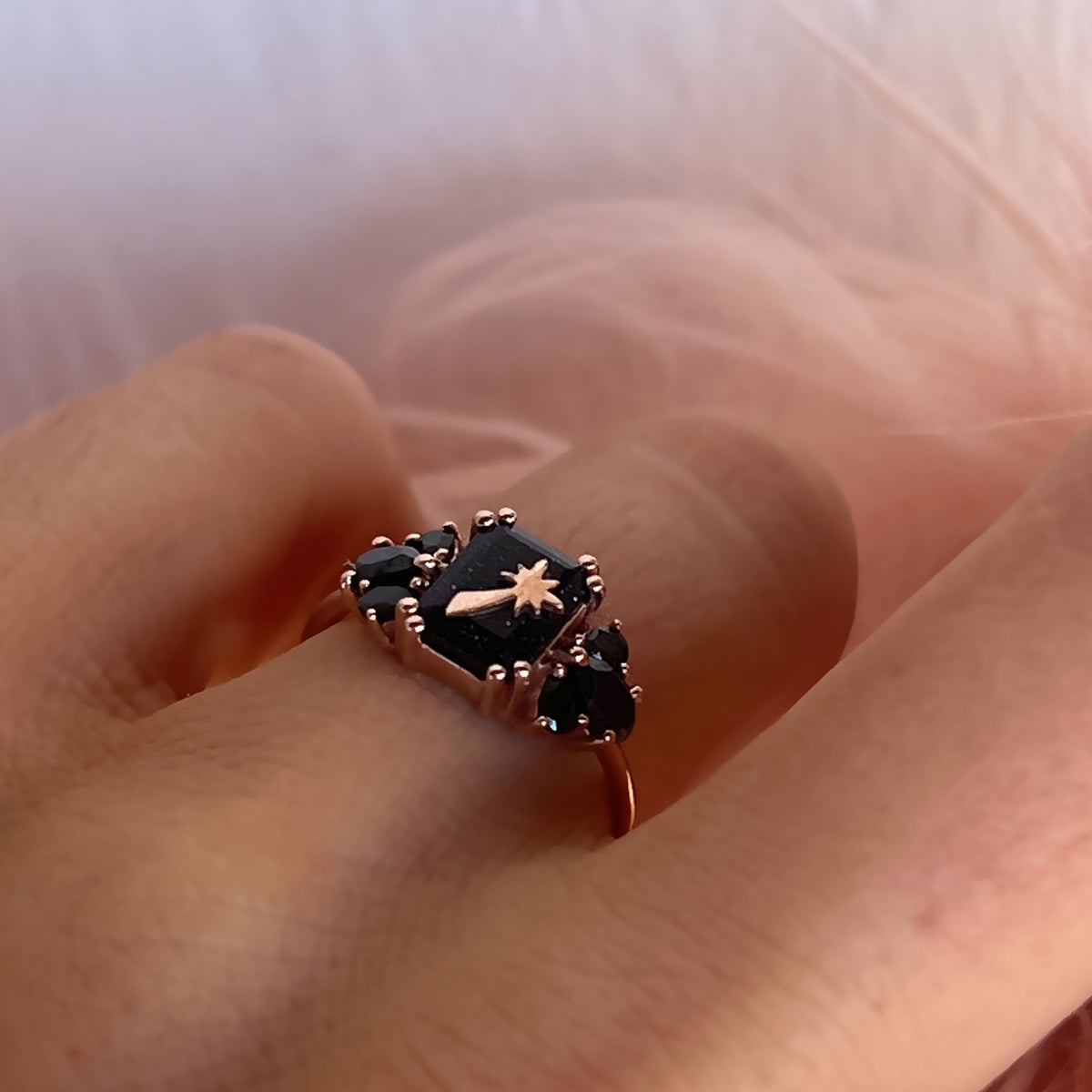 Rose Gold Sunstone & Black Onyx Wish Upon A Shooting Star Ring