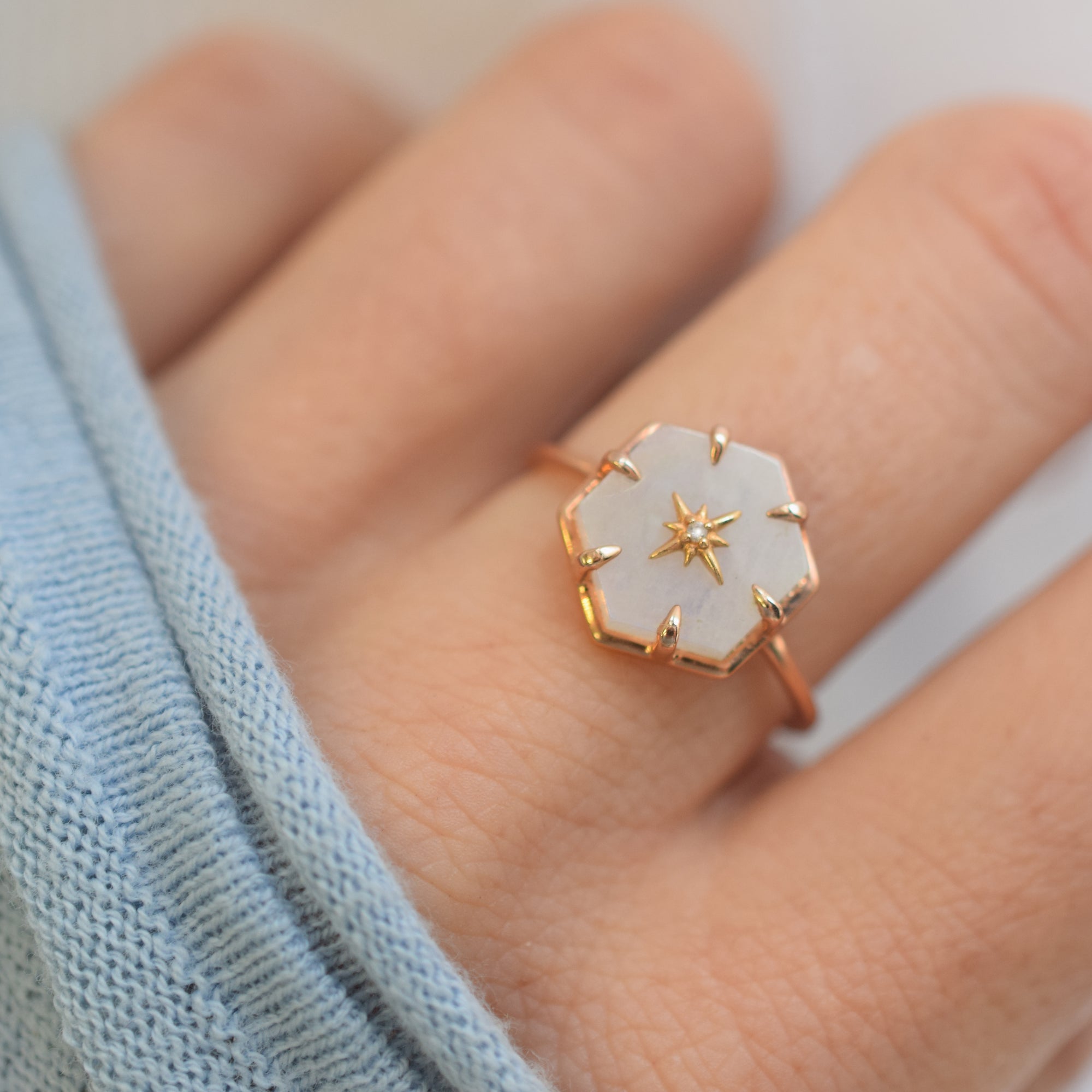 Rose Gold Star Studded Rainbow Moonstone Ring