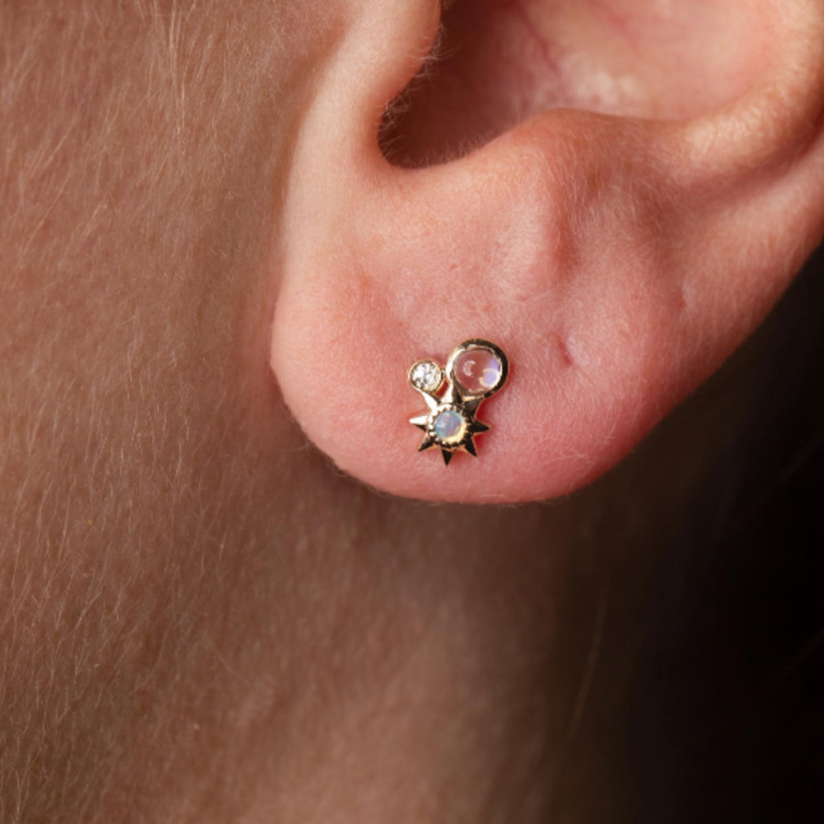 9kt Gold Rainbow Moonstone, Opal and Diamond Celestial Cluster Studs