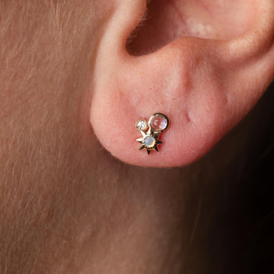 9kt Gold Rainbow Moonstone, Opal and Diamond Celestial Cluster Studs