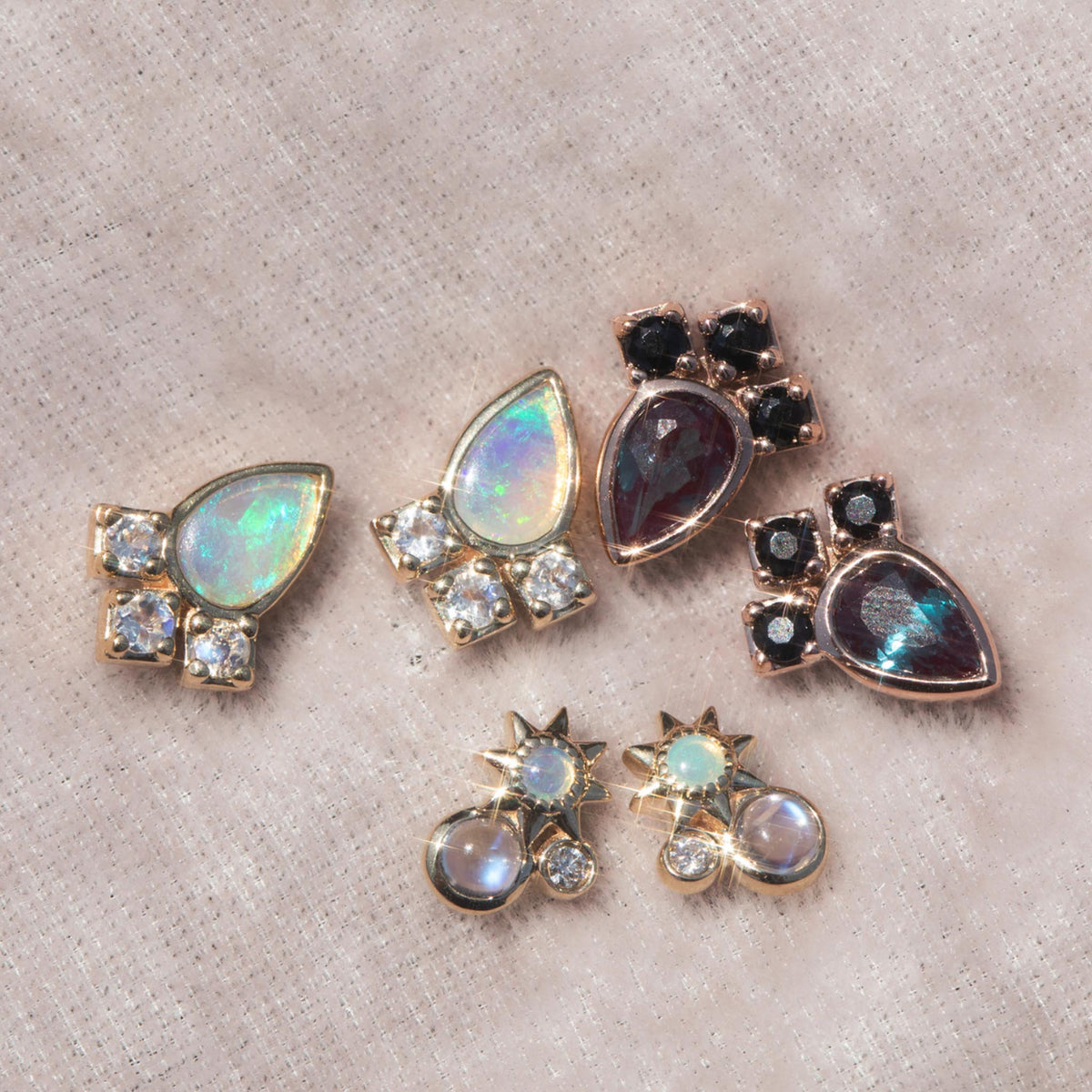 9kt Gold Rainbow Moonstone, Opal and Diamond Celestial Cluster Studs