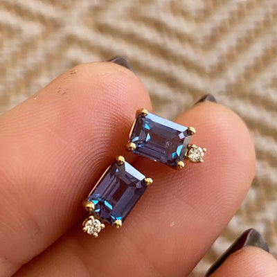 14kt Gold Alexandrite & Moissanite Baguette Studs