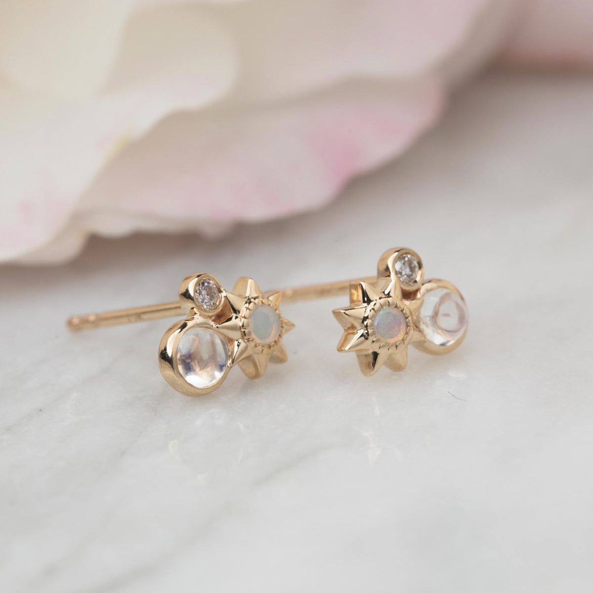 9kt Gold Rainbow Moonstone, Opal and Diamond Celestial Cluster Studs