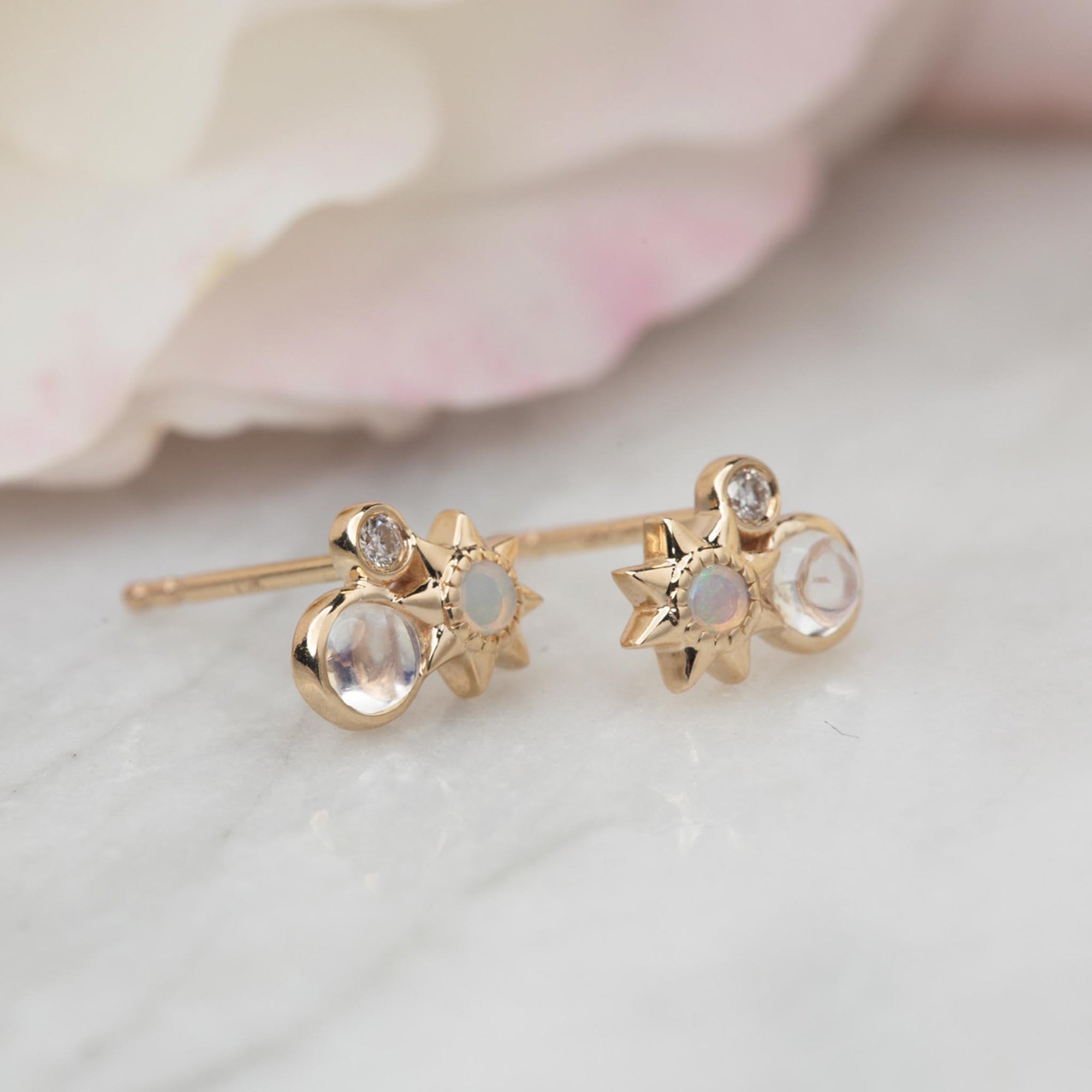 9kt Gold Rainbow Moonstone, Opal and Diamond Celestial Cluster Studs