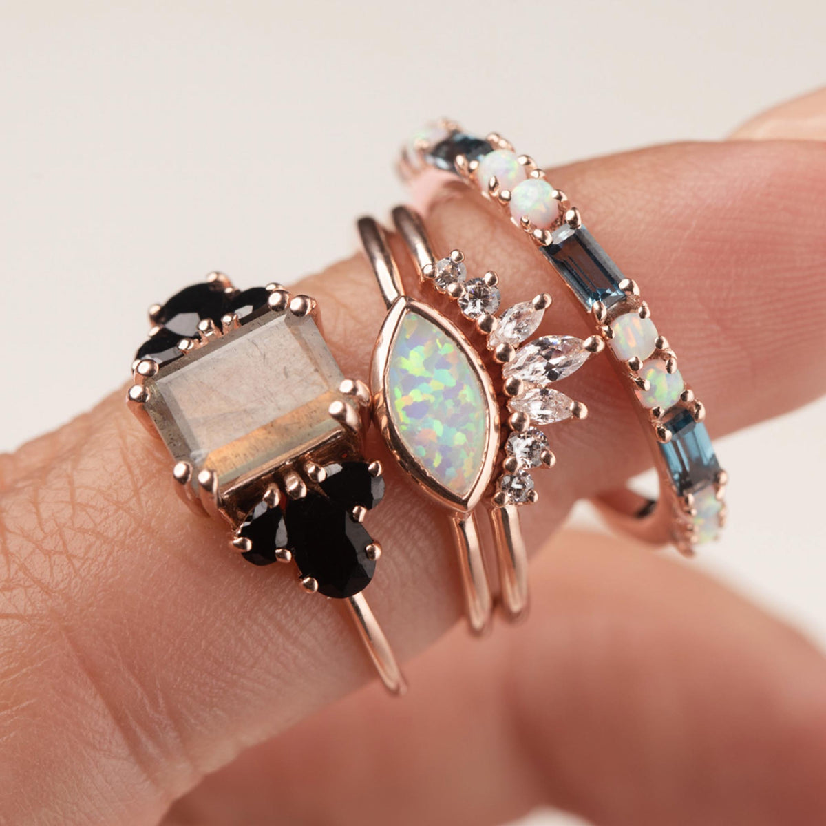 Rose Gold Opal & Diamond Whimsical Fleur Stacking Set