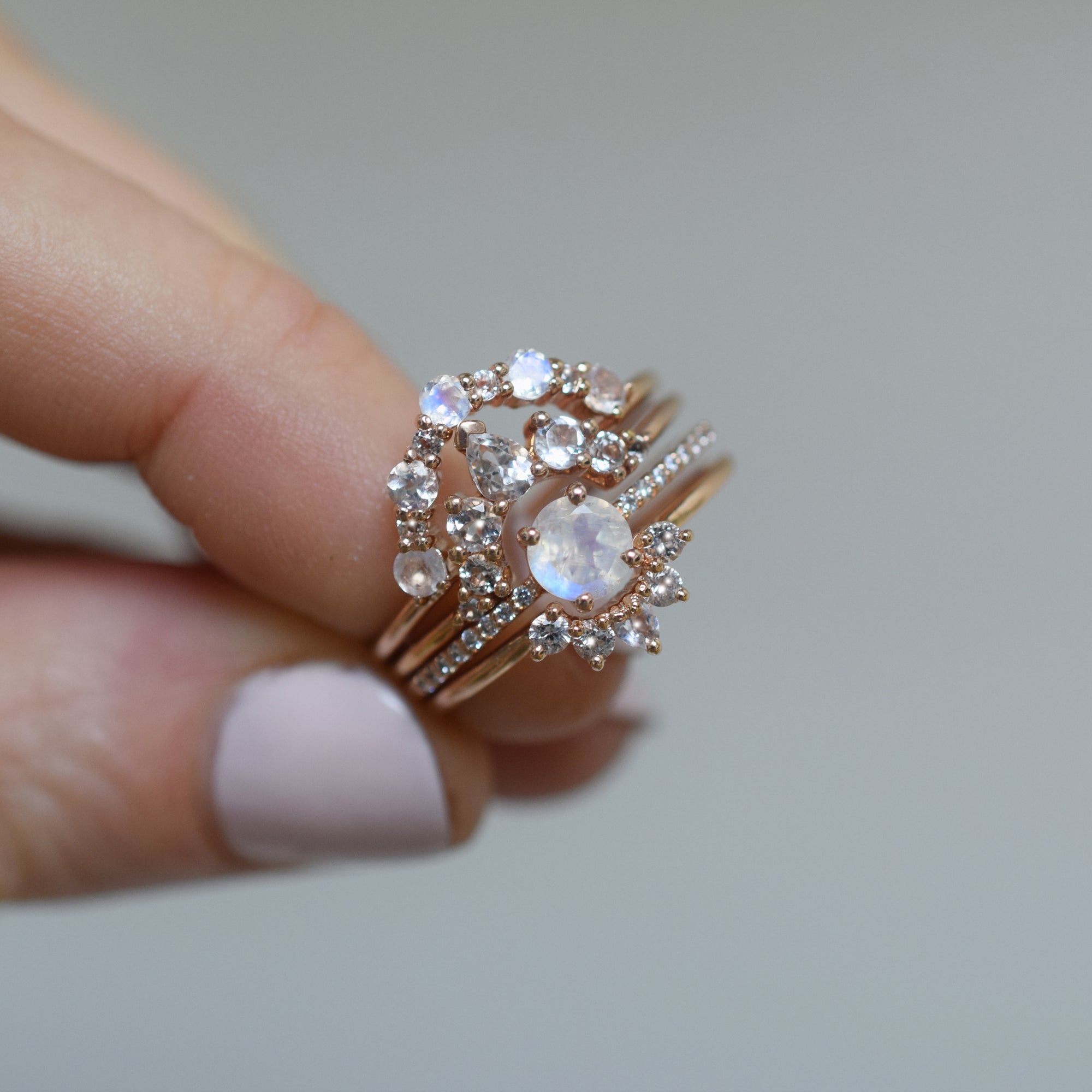 Rose Gold Rainbow Moonstone & Diamond Miss Universe Stack