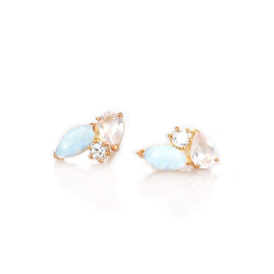 Rainbow Moonstone, Rose Quartz & Diamond Sweet Pea Studs