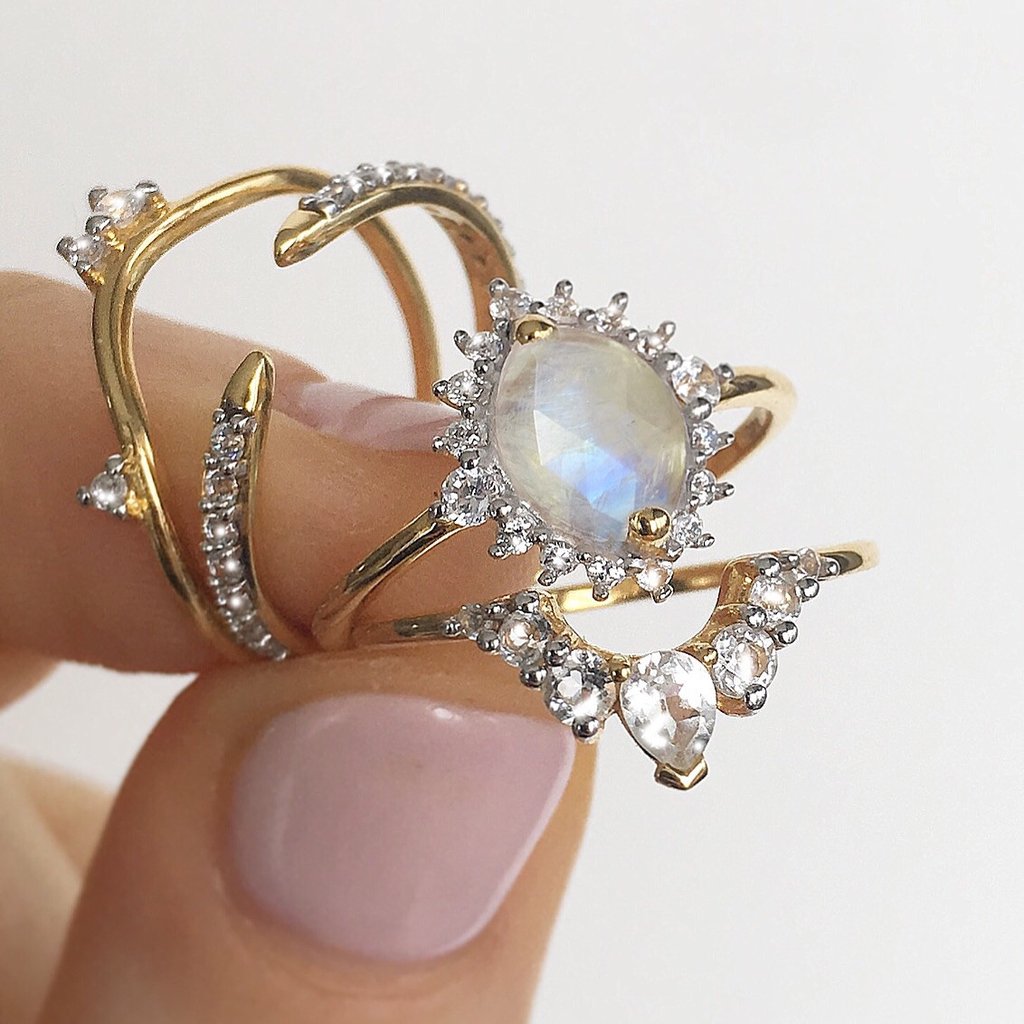 Solid Gold White Topaz Angels Arc Ring