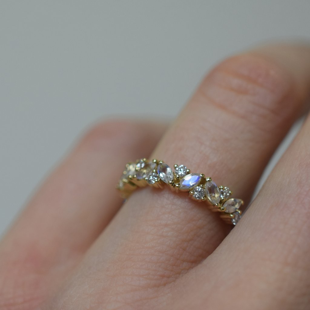 Rainbow Moonstone and Diamond Woodland Dream Ring